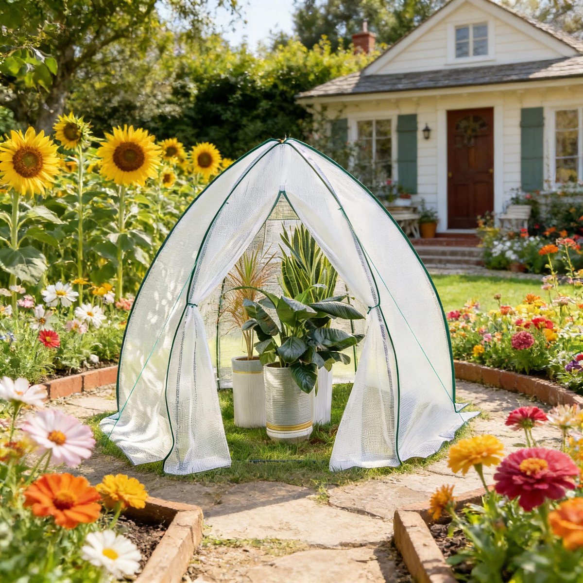 FloraGrace Kas – 240 X 200 X 240 Cm – Conische Structuur Met Ventilatiedeur – Polyetheen En Staal – Wit – Tuinkas Voor Plantenbescherming