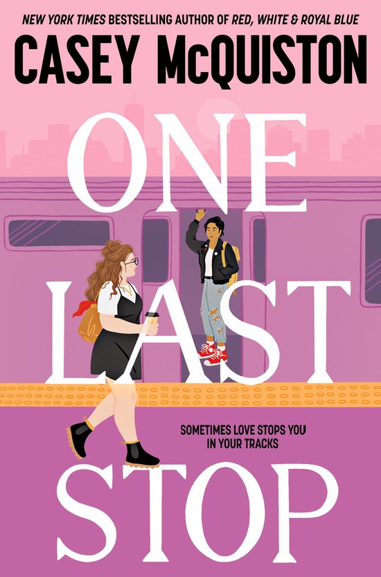 Boekcover van 'One Last Stop' van Casey McQuiston. Twee jonge mensen op een metroplatform met de titel in grote letters.