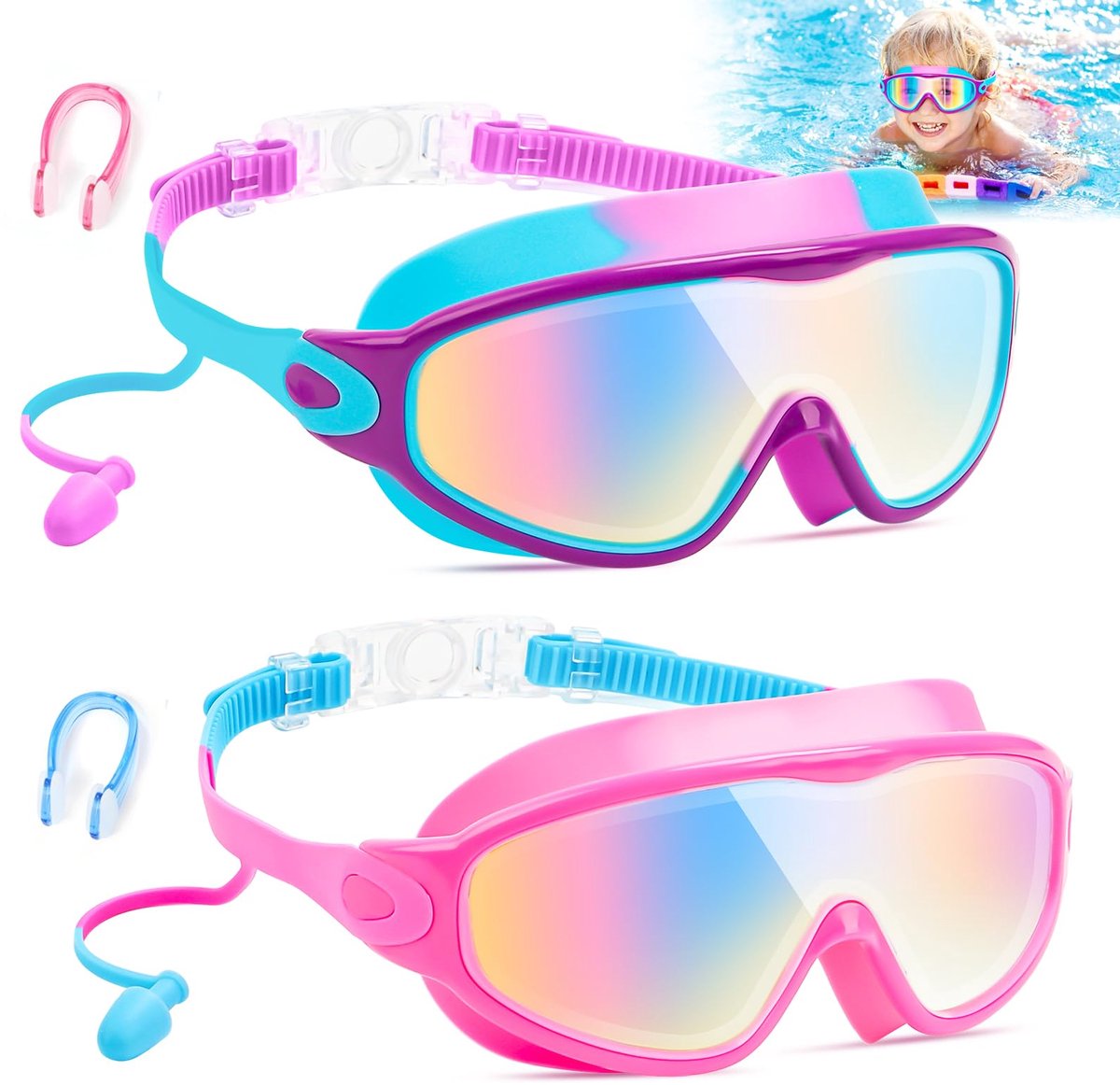 Dailygoods - 2 Stuks Zwembrillen voor Kinderen - Met Neusclips en UV-Bescherming