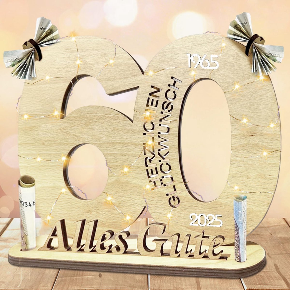 Dailygoods - Houten Gastenboek voor 60ste Verjaardag - Geldcadeaus met LED Verlichting