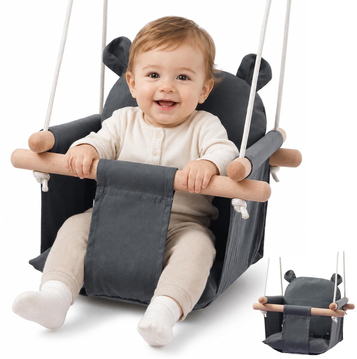 SnelShoppen - Houten Babyschommel - Kinderschommel voor Binnen en Buiten - Hangschommel met Veiligheidsgordel en Katoenen Kussen - Verstelbaar voor Ba