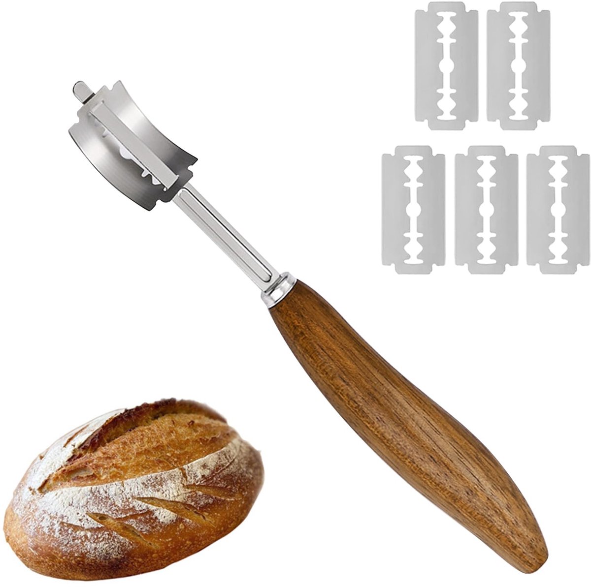 Dailygoods- Broodlame met 5 Scheermessen - Brood Snijplank - Roestvrij Staal - Donkerbruine Lederen Hoes - 20 cm Lengte - Comfortabele Grip - Broodsnijmes