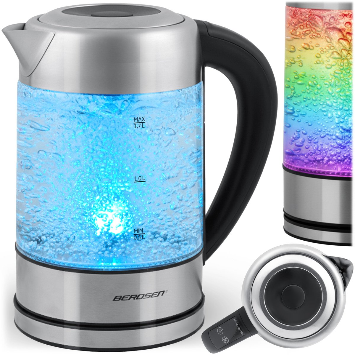 SnelShoppen - Elektrische Waterkoker 1,7L met Temperatuurregeling 60-100°C, Glazen Led, Touch-Display, Roestvrij Staal, Zilver-Zwart, 2200W, Keuken Ac