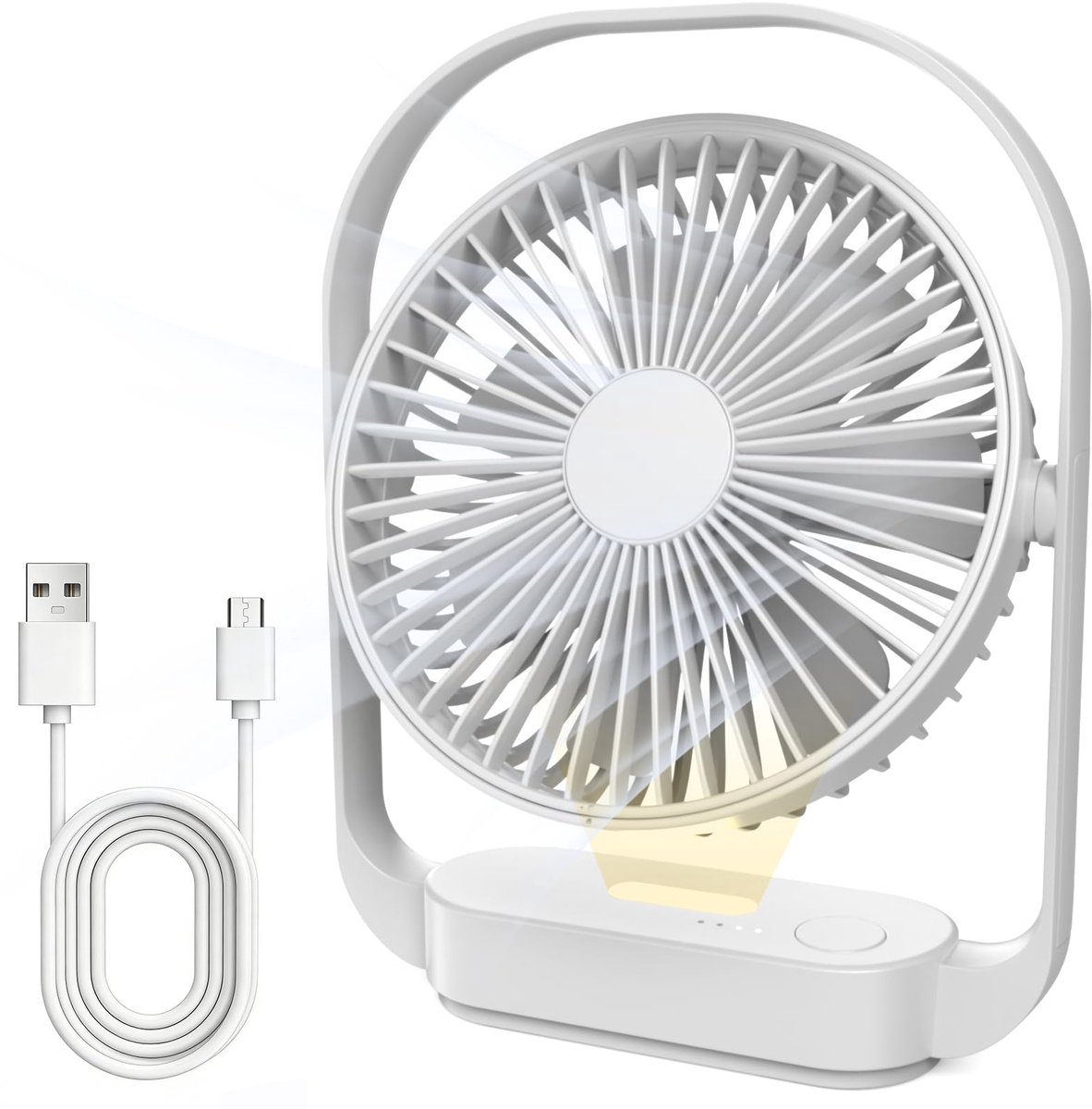 SnelShoppen - Draadloze Bureauventilator 4000mAh Accu met 4 Snelheden, 2 Nachtlichtstanden, USB-C Oplaadbaar, 20 Uur Werktijd, Wit voor Slaapkamer, Ka