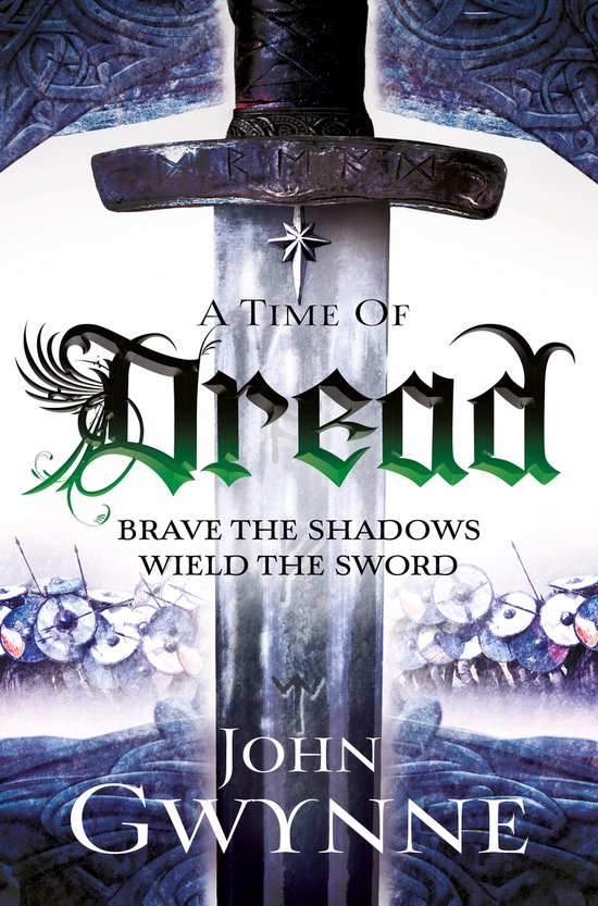 Een zwaard met de titel 'A Time of Dread', met een leger van krijgers op de achtergrond.
