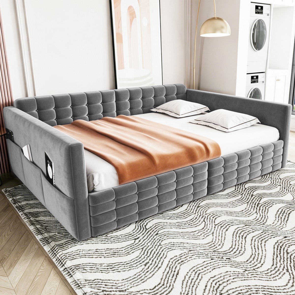 Slaapbank 140x190 cm Met Matras Zonder Matras – Opbergruimte Met Zijvakken En 2 Lades – Voor Woonkamer En Logeerkamer – Velours – Grijs