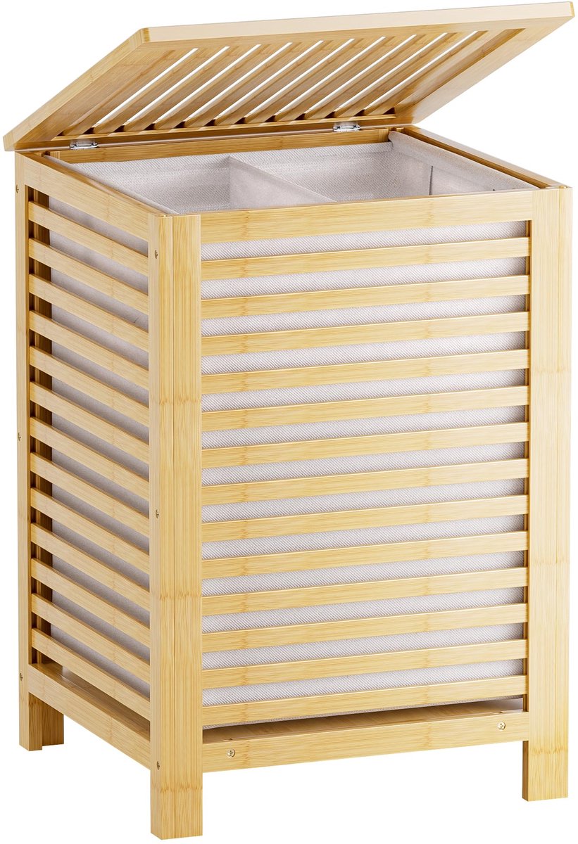 SnelShoppen - Dubbele Wasmand met Deksel 120L - Bamboe Wasmand met Uitneembare Binnenzak - 2-Delige Kledingverdeler Wassorteerder voor Wasruimte, Badk