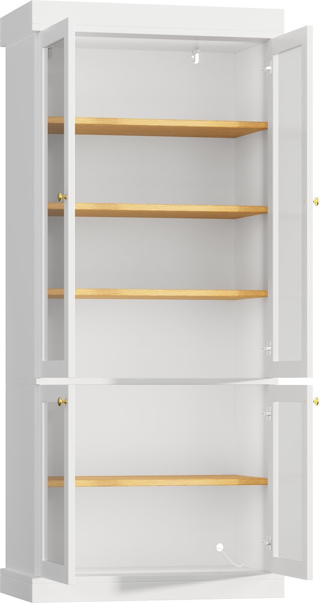 OKWISH Vitrinekast - Ledverlichting - Glazen Deuren - Verstelbare Planken - Antikantelbeveiliging - Mdf Wit - 160 X 40 X 180 Cm