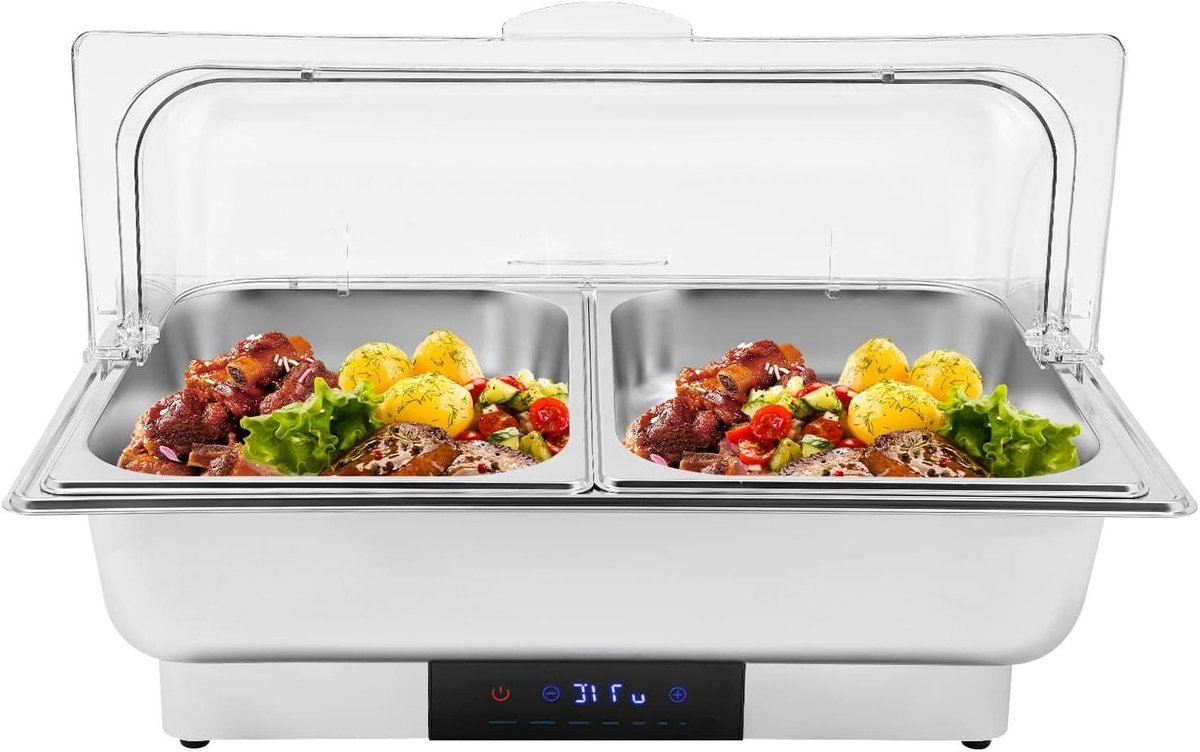 Elektrische Buffetwarmer - Warmhoudplaat Bain Marie - Eten Warm Houden - Instelbare Temperatuur - 9 L Capaciteit - Zilver