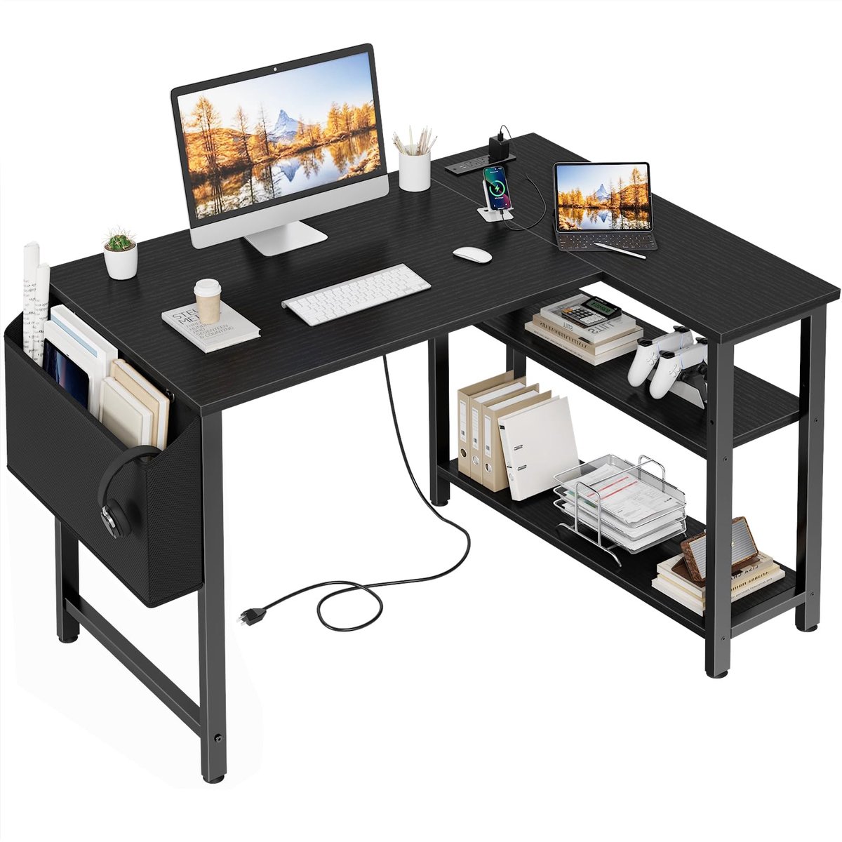 SnelShoppen - L-vormig bureau met stopcontact en schappen, 102 cm zwart hoekcomputerbureau voor kleine ruimte, gamingbureau met oplaadstation voor thu