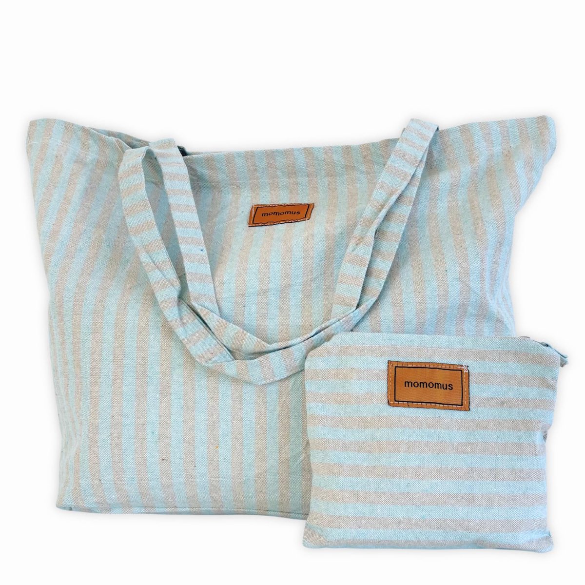 SnelShoppen - MOMOMUS Strandtas XXL - Grote Strandtas voor Dames - 100% Gerecycled Katoen - Inclusief Bijpassende Handtas - Opvouwbaar - Turkoois - 60