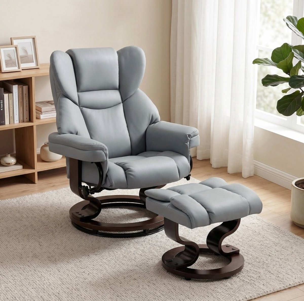 OKWISH Relaxfauteuil Met Voetsteun - Draaibaar 360 Graden En Verstelbare Rugleuning Tot 145 Graden - Lichtgrijs - Hout - Kunstleer