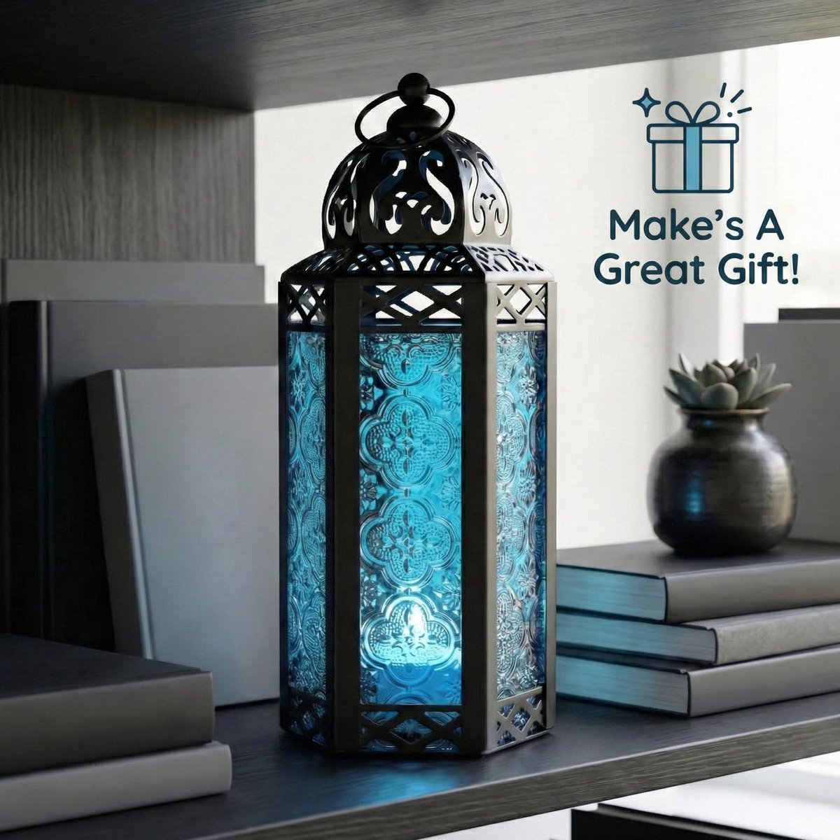 SnelShoppen - Marokkaanse Stijl Kaars Lantaarn Medium Blauw Glas - Tafel Decoratie voor Feest, Tuin, Camping, en Binnengebruik
