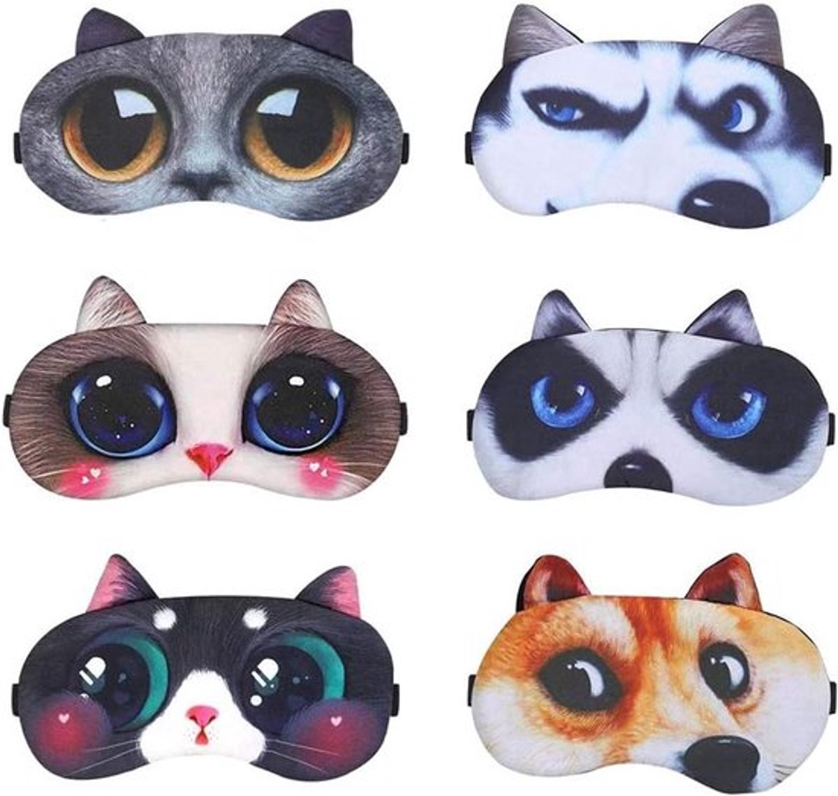 Set van 6 dierenthema oogmaskers voor reizen, dutjes, yoga en vliegtuigslaap