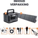 Inhoud verpakking: zwarte powerstation, inklapbaar zonnepaneel, handleiding en diverse kabels.