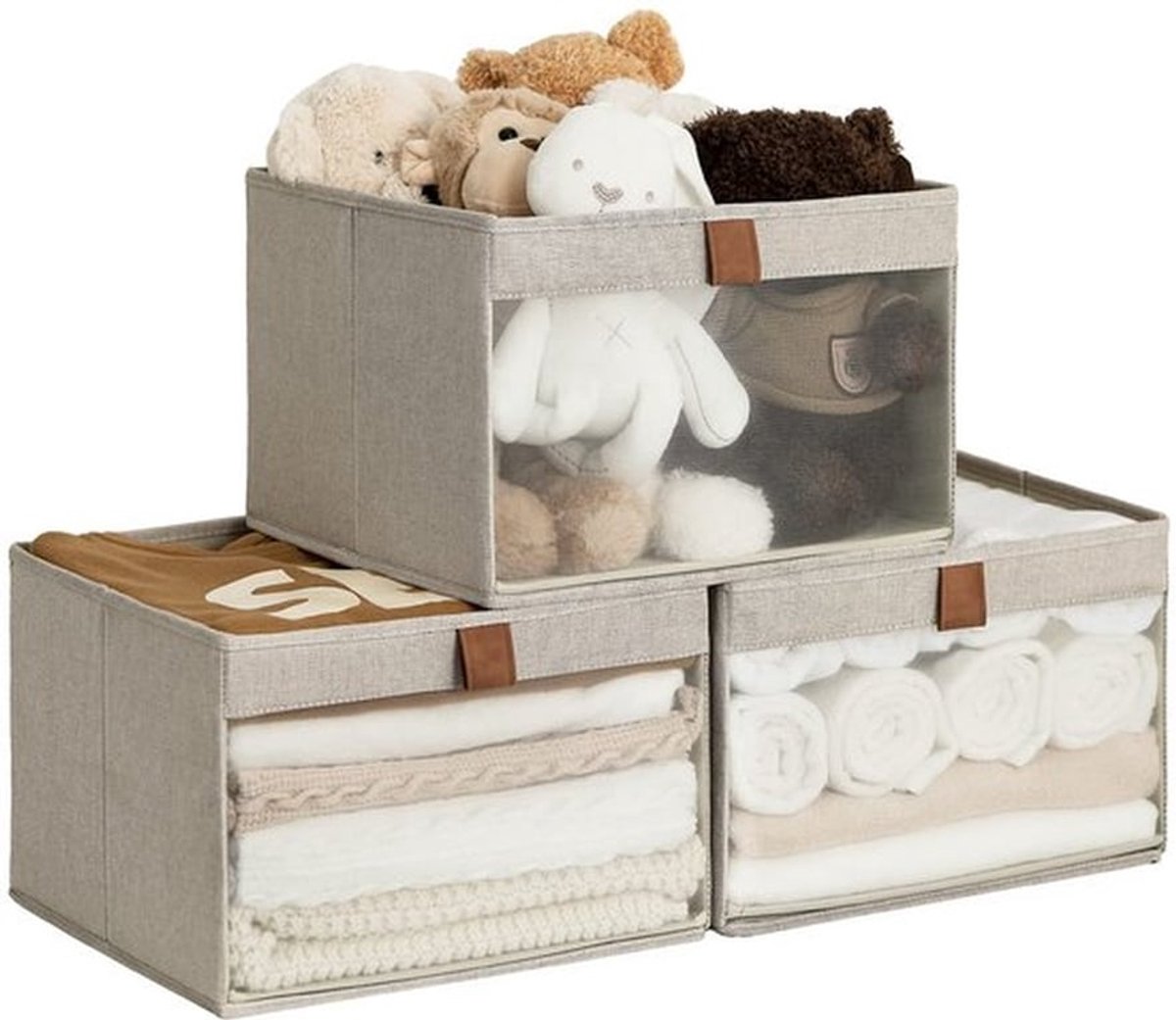 Opbergbakken met doorzichtig venster - Opbergmanden - Opvouwbaar - Handgrepen - Grote organizer - Set van 3 stuks