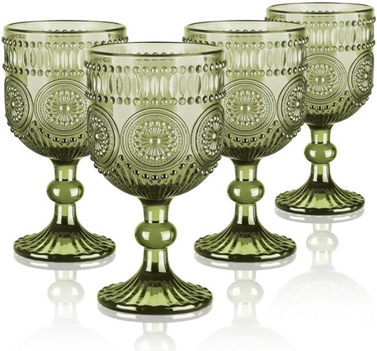 Wijnbeker 350 ml - Vintage Glazen - Zware Stengel - Set van 4 - Vaatwasmachinebestendig - Luxe Zonnebloem Reliëf - Wijnglas