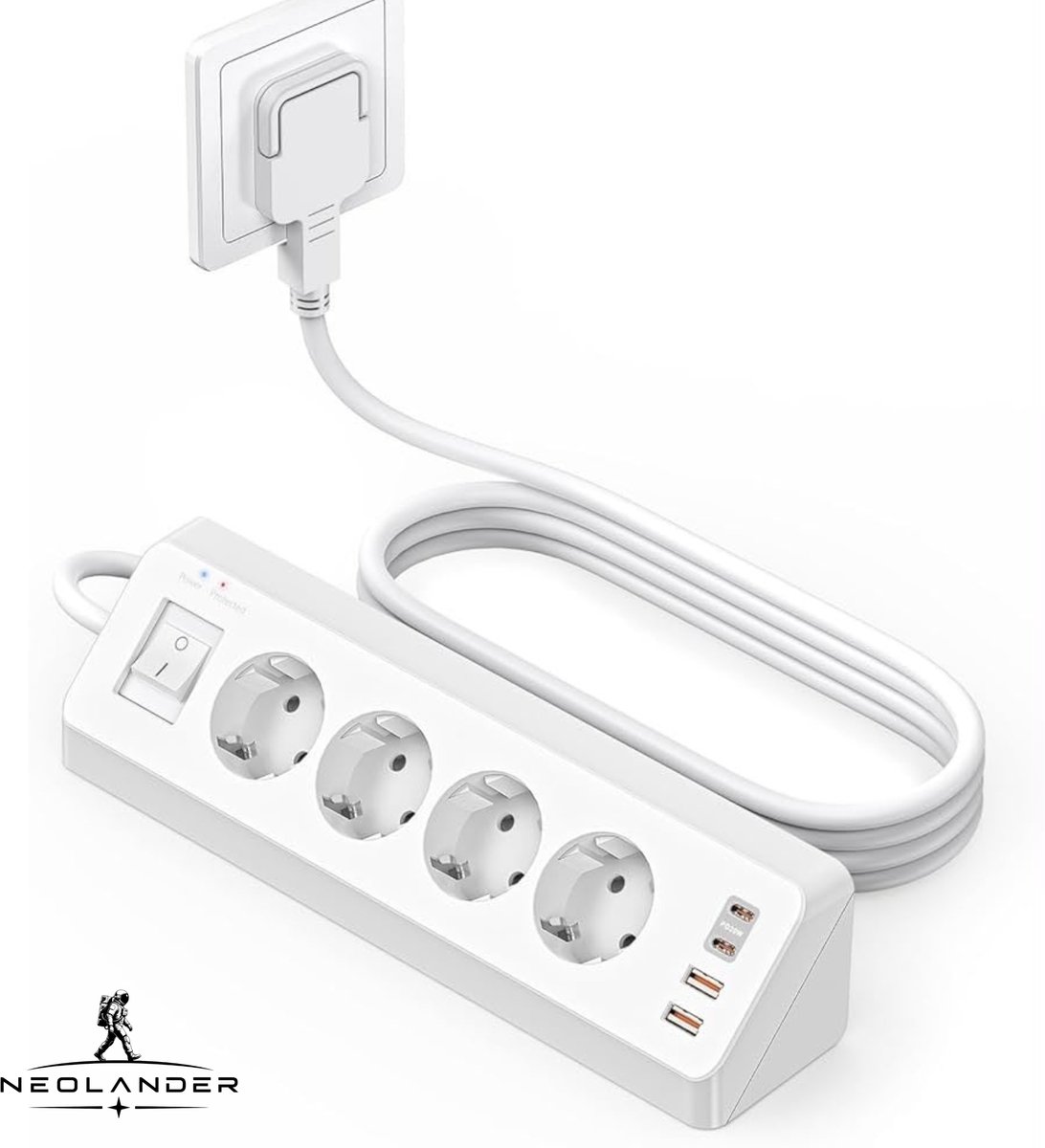 NeoLander - 8-in-1 - Hoekstekkerdoos - 4 Stopcontacten + 4 USB-poorten - USB-C PD 20W & Overspanningsbeveiliging - 2 m Kabel Wit