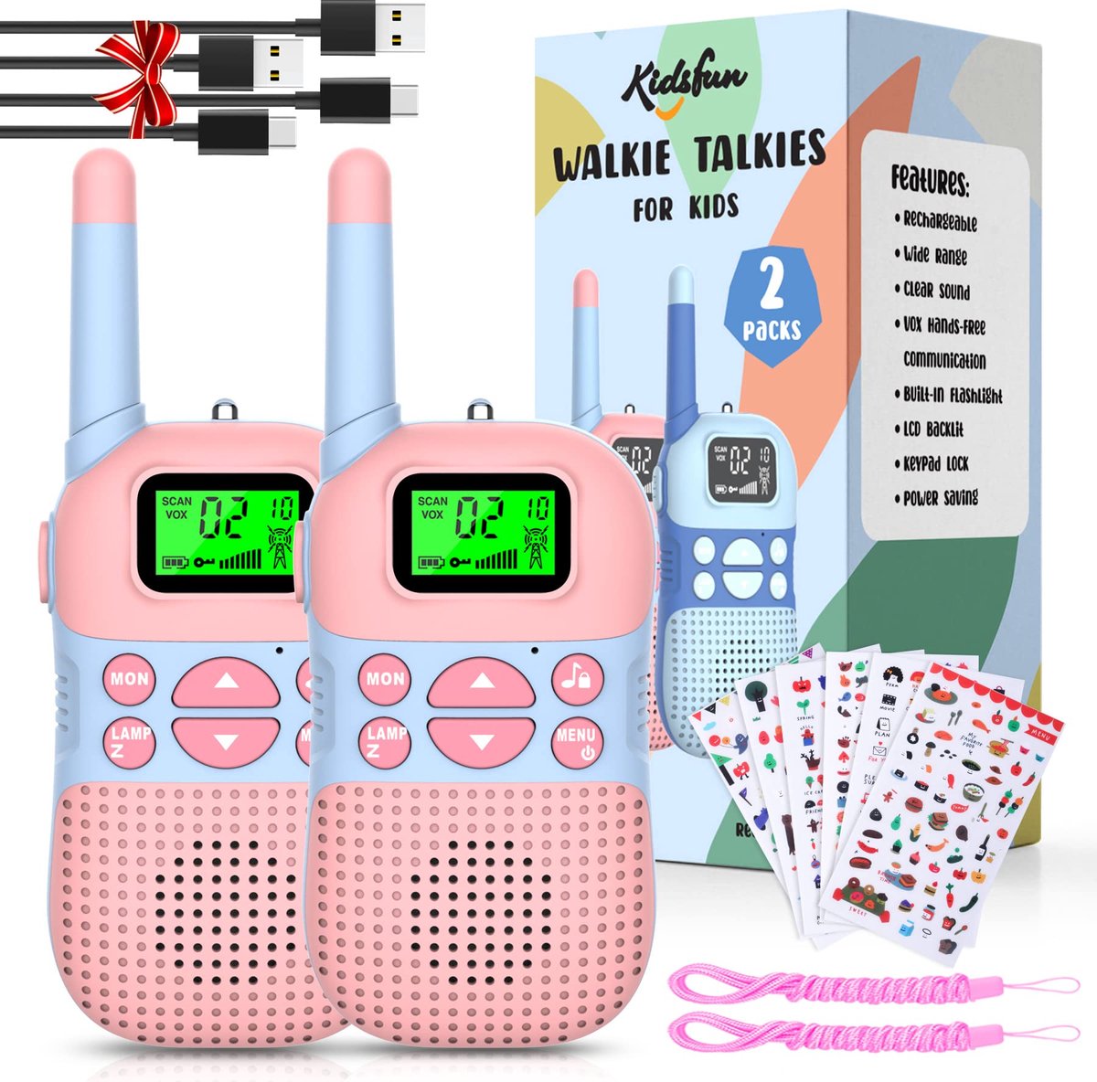 SnelShoppen - Kidsfun 2 x Walkietalkie voor Kinderen, USB-oplaadbaar, 3 Mijl Bereik, Roze, Met Zaklamp, Buitenspeelgoed, Cadeau voor Jongens en Meisje