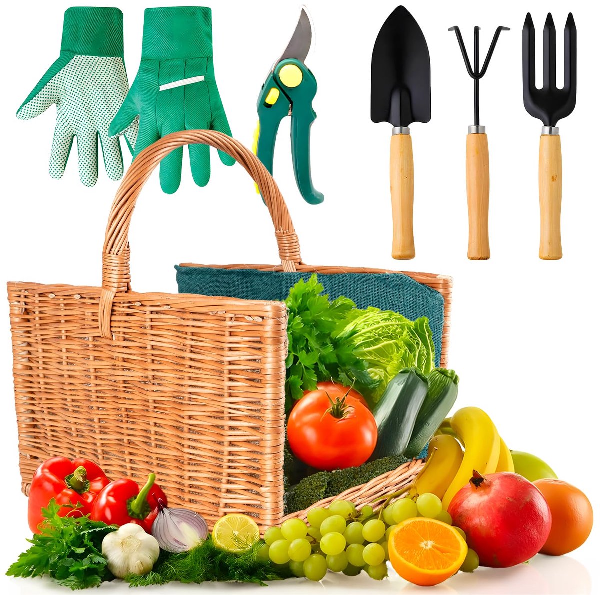 SnelShoppen - Avilia Set Mand met Ergonomisch Tuingereedschap, Wilg Mand voor Tuingereedschap, Kist met Tuinaccessoires, 35 x 22 x 29 cm voor Tuin en