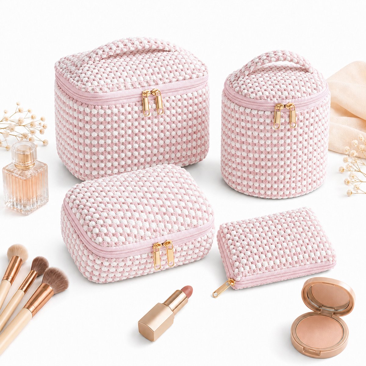 VHV - Toilettas dames - Make-uptasje - Toilettas set van 4 - Cosmetica tasje - Bloemenprint - Grote capaciteit - Voor op reis en vakantie - Roze stippen
