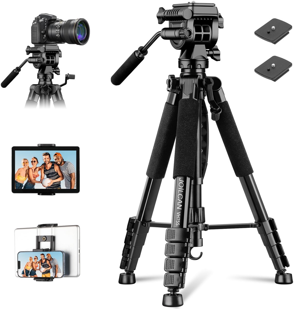 SnelShoppen - 75 Inch Camera Statief Heavy Duty met Tablet/Telefoon Houder voor iPad/Smartphones, Aluminium Statief met Draagtas voor Reizen, Buiten,