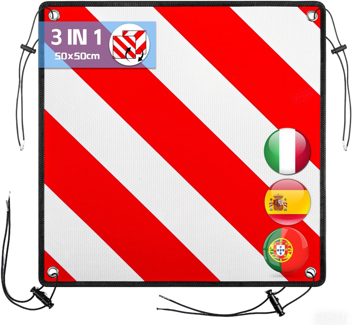 SnelShoppen - 3-in-1 Waarschuwingsbord Italië Spanje Portugal - Reflecterend Aluminium 50 x 50 cm met Spankabels en Hoekbeschermers - Gecertificeerd v