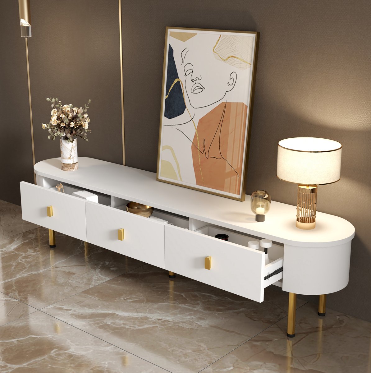 COVREO TV meubel 174 cm – wit MDF, 3 laden, gouden handgrepen en poten