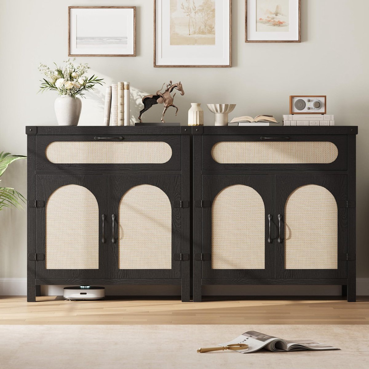 Triumpunpre Sideboard Kast met 2 Deuren en 1 Lade - Buffetkast met Lade voor Woonkamer Slaapkamer Hal - Dressoir Opbergkast met Houtnerf Design - 76x35,5x83,5 cm - Zwart