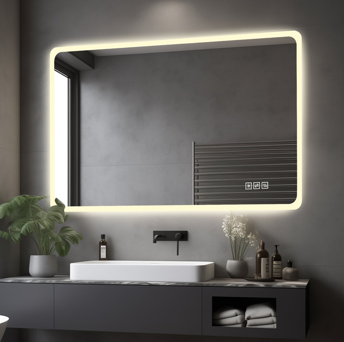 REDOM- LED badkamerspiegel - Frontverlichting - Anti-condens - Geheugenfunctie - Wandspiegel - Modern - Voor binnen - Glas en metaal - Zilver - 100 x 60 cm