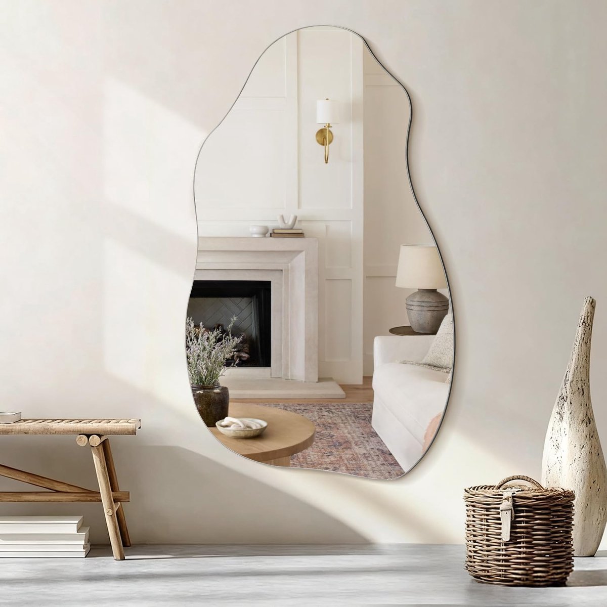 SnelShoppen - Onregelmatige Wandspiegel Asymmetrische Badkamer Antieke Spiegel Hout Ingelijst Moderne Decoratieve Ijdelheid 70L x 40W cm voor Slaapkam