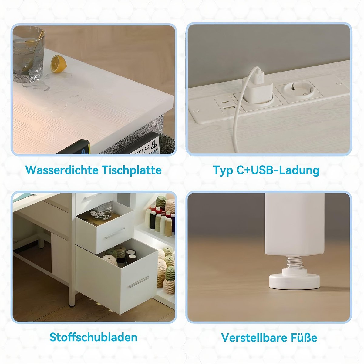 SnelShoppen - L-vormig Bureau 120x80 cm met 3 Stoffen Laden, Omkeerbaar, Monitorhouder, Stopcontact en USB-Oplaadpoort, Wit voor Thuiswerkplek