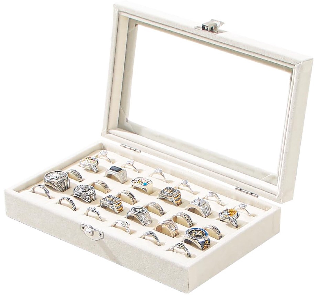 SnelShoppen - Adugay Ring Display Case - Sieraden Ring Organizer Box voor Ringen en Oorbellen - Beige Fluwelen 30 Slot Ring Display Lade voor Meisjes