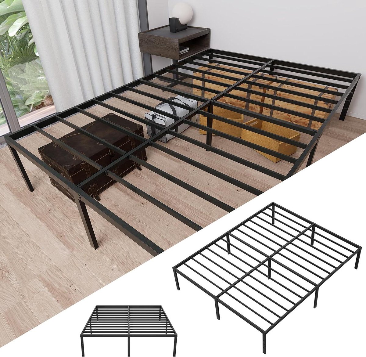 Metalen Bedframe - Bedbodem - Slaapkamer Inrichten - Stille Constructie - 140x200 cm - Mat Zwart