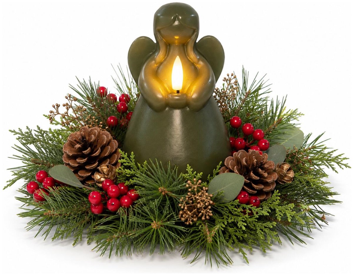 Kerst LED kaars - engel vorm - jade groen - 14 x 8 cm - met timer - op batterijen - kerstkaars