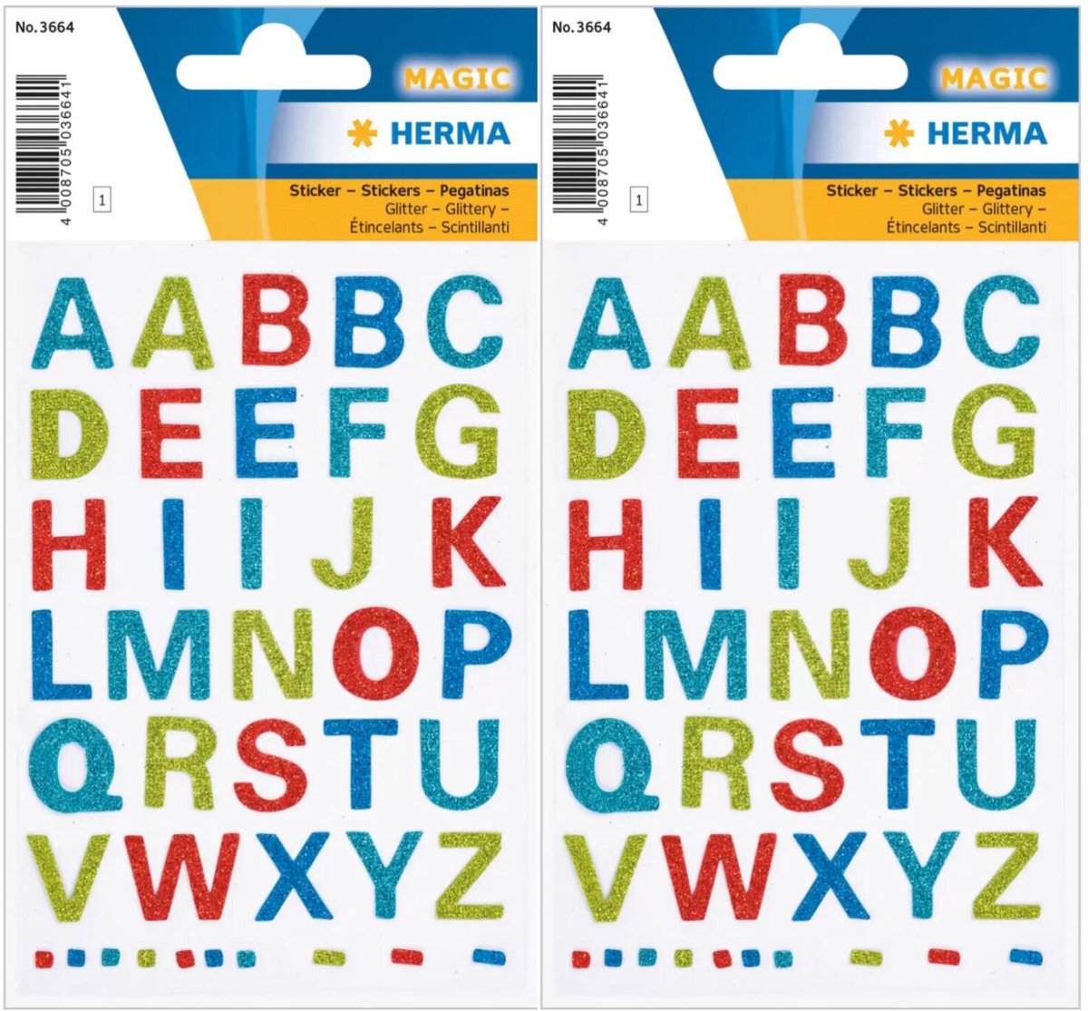 Herma Alfabet plak letters A-Z Stickers - 2x vellen - gekleurd glitter - 15 mm - watervast
