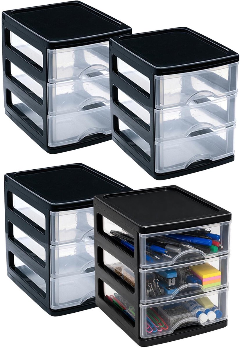 Plasticforte Ladekastje bureau organizer - 4x - 3 lades - zwart/transparant - L13 x B17 x H17 cm - kunststof