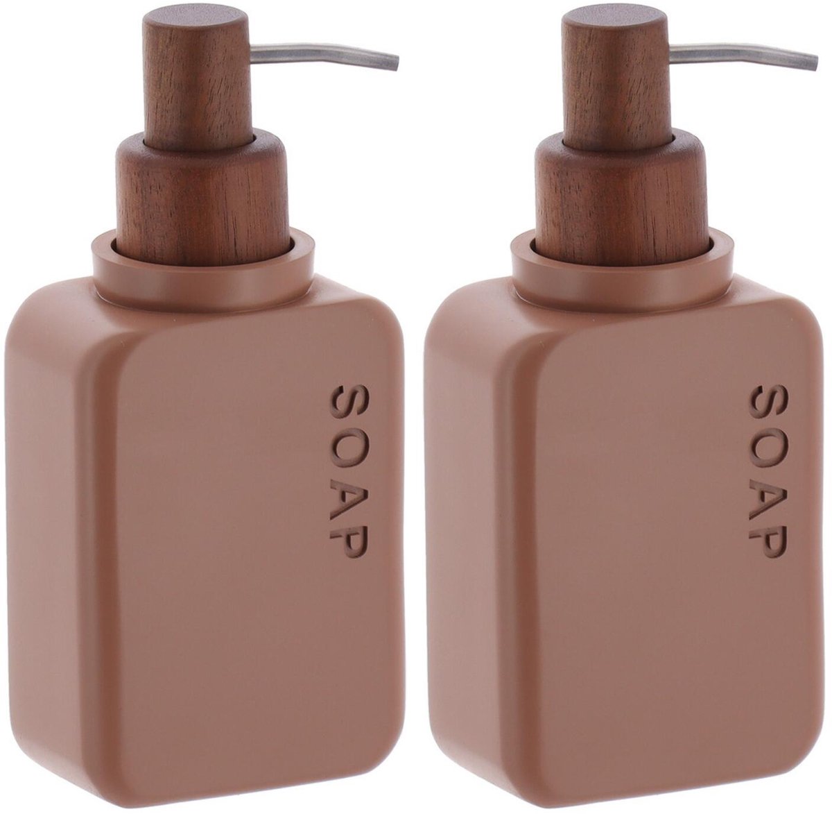 Tendance zeeppompje London - 2x - 300ml - bruin - kunststof/acacia - H18 cm - zeepdispenser
