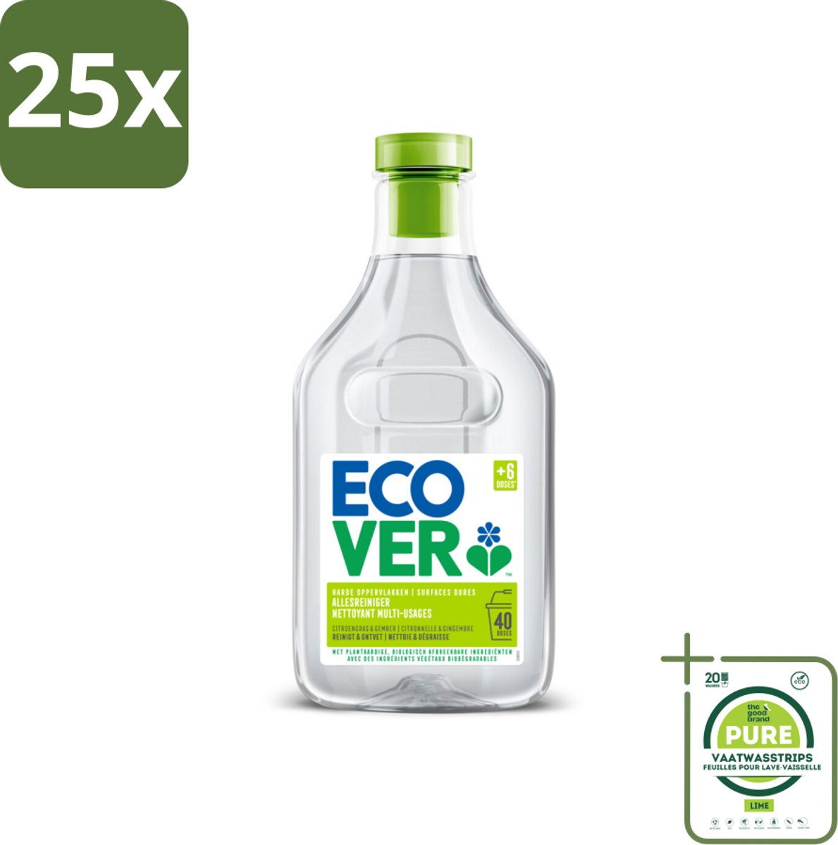 25 x Ecover - Allesreiniger - Citroengras & Gember - 1 liter - Grootverpakking - Allesreiniger - Citroengras - Gember - Biologisch Afbreekbaar - Plantaardige Reiniging