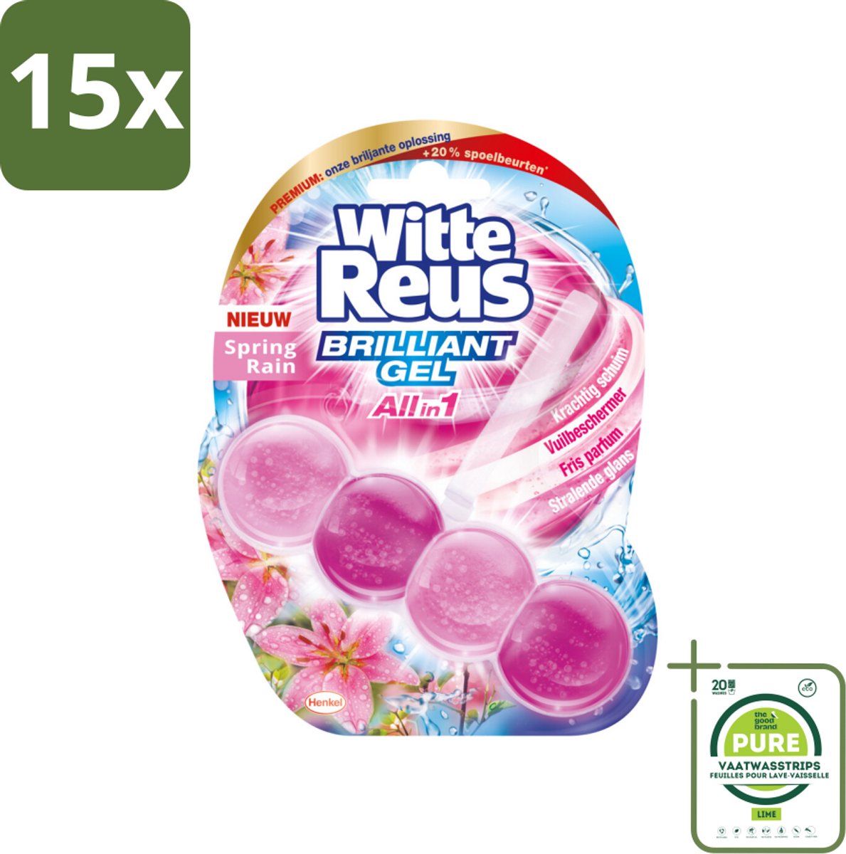 15 x Witte Reus - Toiletblok Brilliant Gel - Spring Rain - 1 Toiletblok - Grootverpakking - Toiletblok - Toiletreiniger - Gel Toiletblok - Frisse Geur - Lentegeur