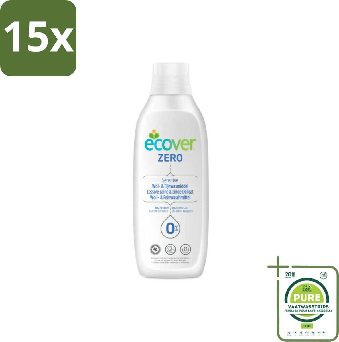 15 x Ecover - Vloeibaar wasmiddel - Wol & Fijnwas - 1 liter - Grootverpakking - Wasmiddel Wol - Wasmiddel Zijde - Fijnwasmiddel - Wasmiddel Delicate Stoffen - Ecologisch Wasmiddel