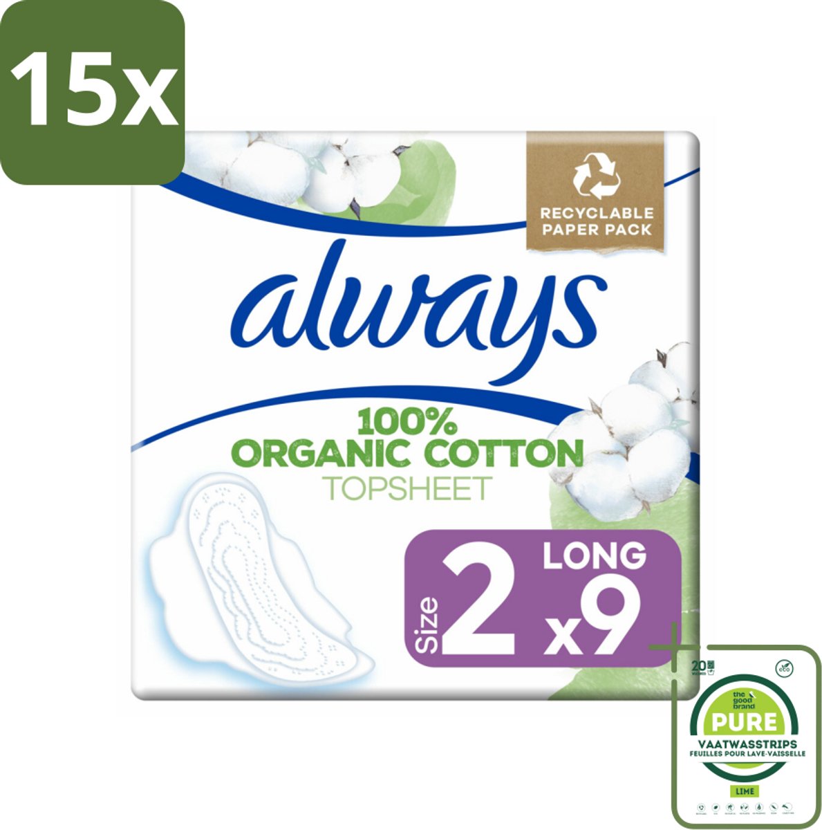 15 x Always - Maandverband - Long - Cotton Protection - Met Vleugels - 9 Maandverband - Grootverpakking - Maandverband - Maandverband Katoen - Always Cotton Protection - Maandverband Ultra Lang - Maandverband Met Vleugels