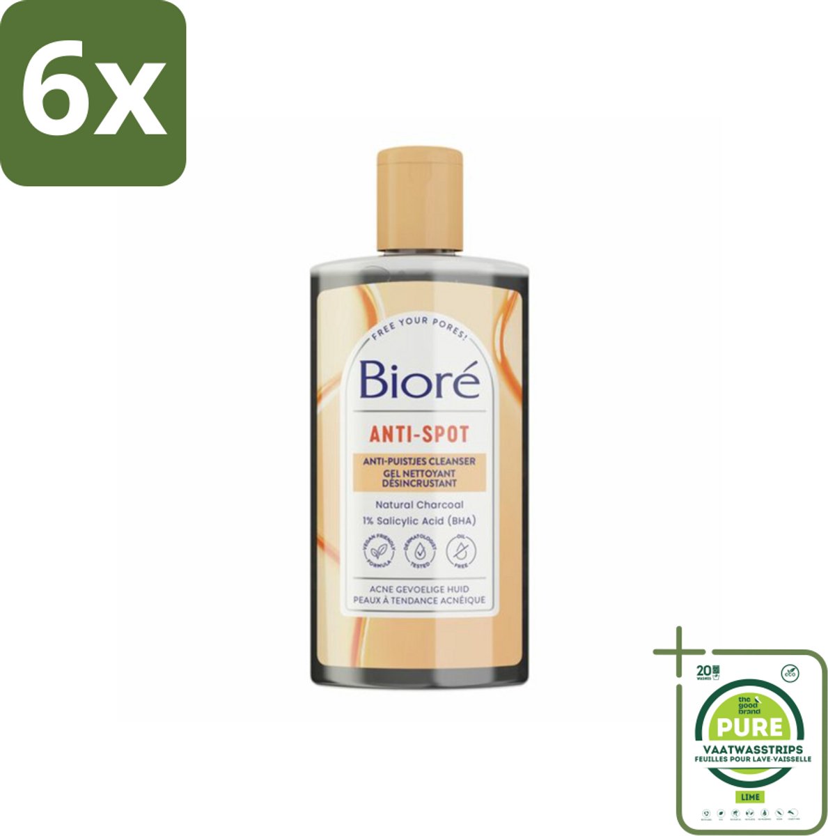 Bioré – Houtskool Anti-Puistjes Reinigingsgel – Gezichtsreiniger – 200 ml - Voordeelverpakking - 6 stuks - Houtskool reinigingsgel - Puistjes voorkomen