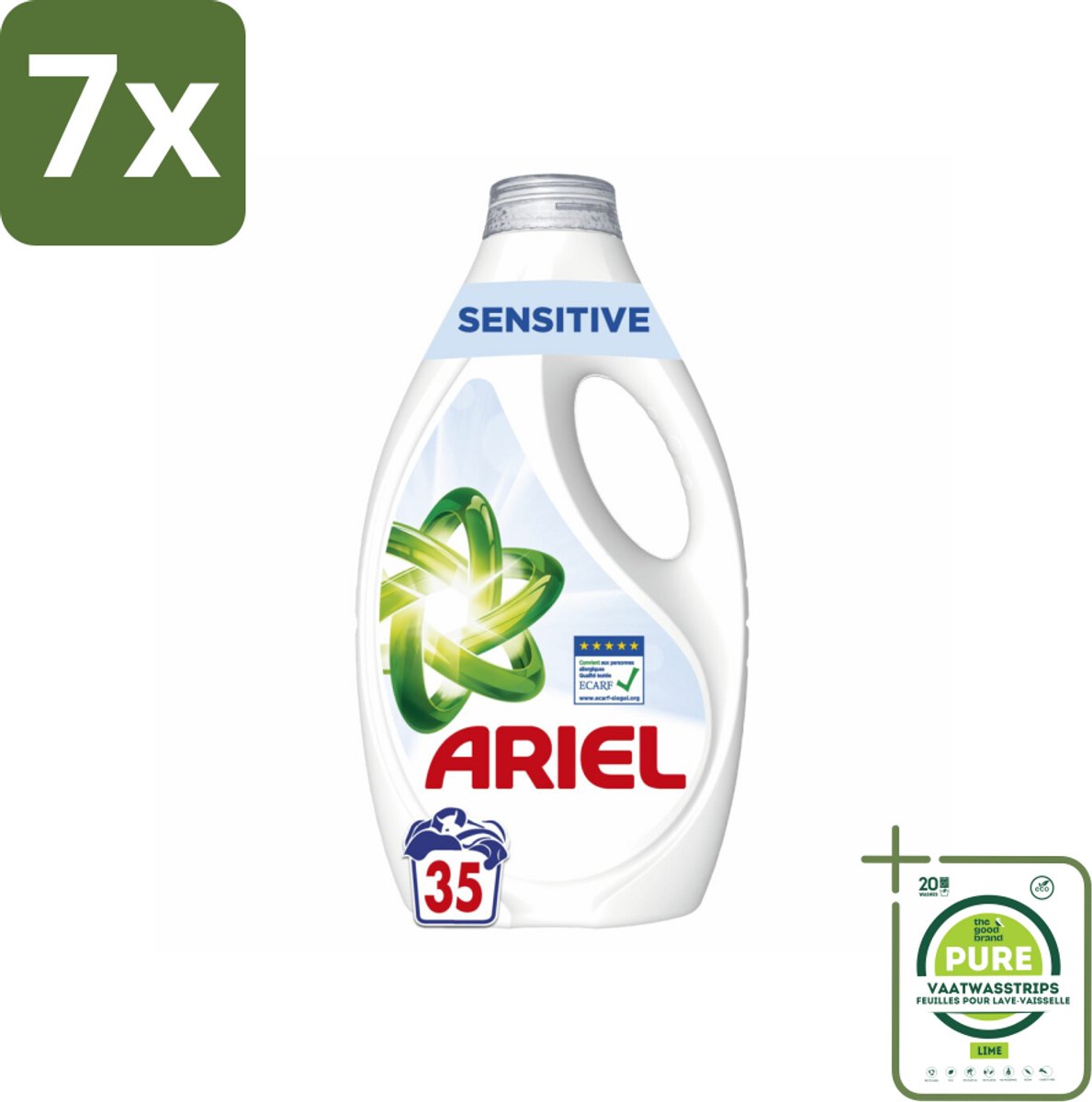 7 x Ariel – Sensitive – Vloeibaar Wasmiddel – 1,58 L - Grootverpakking - Gevoelige Huid - Wasmiddel Zonder Kleurstoffen - Zacht Wasmiddel - Dermatologisch Getest - ECARF Goedgekeurd
