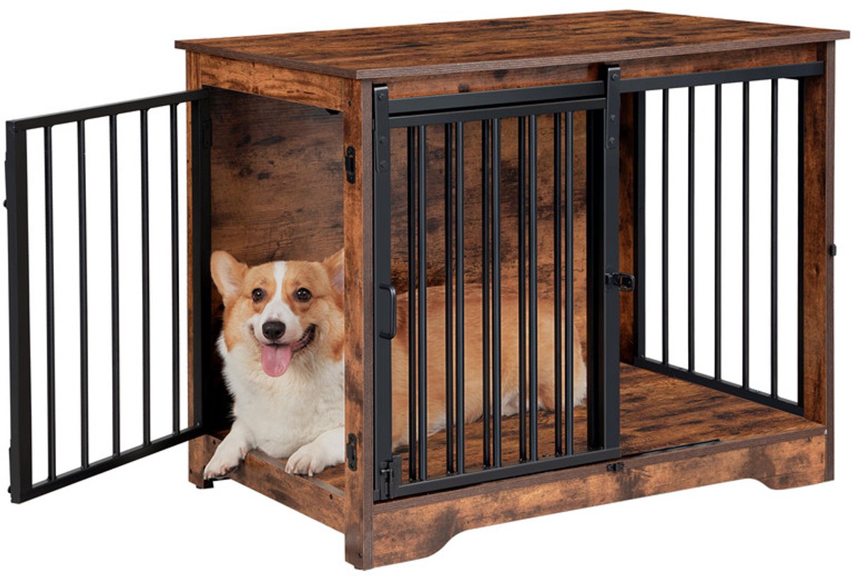 Hzuaneri 81cm Hondenbench, meubel, hondenbox, 2 deuren, modern hondenhok voor kleine, middelgrote honden, bijzettafel, hondenhuis voor thuis, 55 x 81 x 67,5cm, Rustiek Bruin