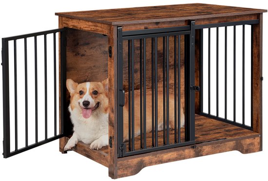 Hondenbench met bruine houtnerf en zwarte metalen spijlen. Een corgi ligt met de deur open aan de linkerkant.