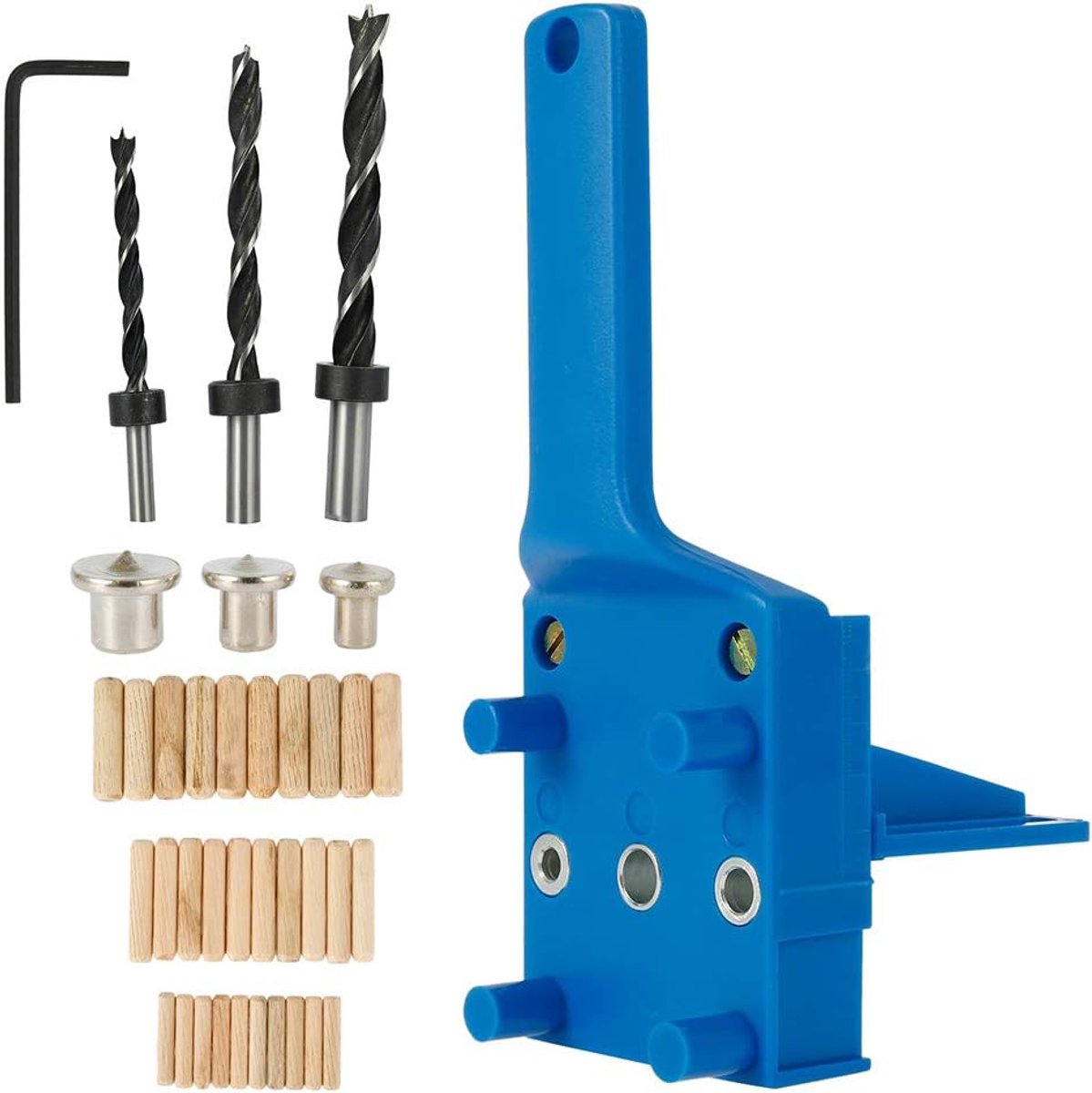 41-delige deuvelboormalset, deuvelboorgeleider met parallelstop, deuvelmalset met 6 mm/8 mm/10 mm deuvelcentreergereedschap voor houten deuvels (41 stuks, blauw)