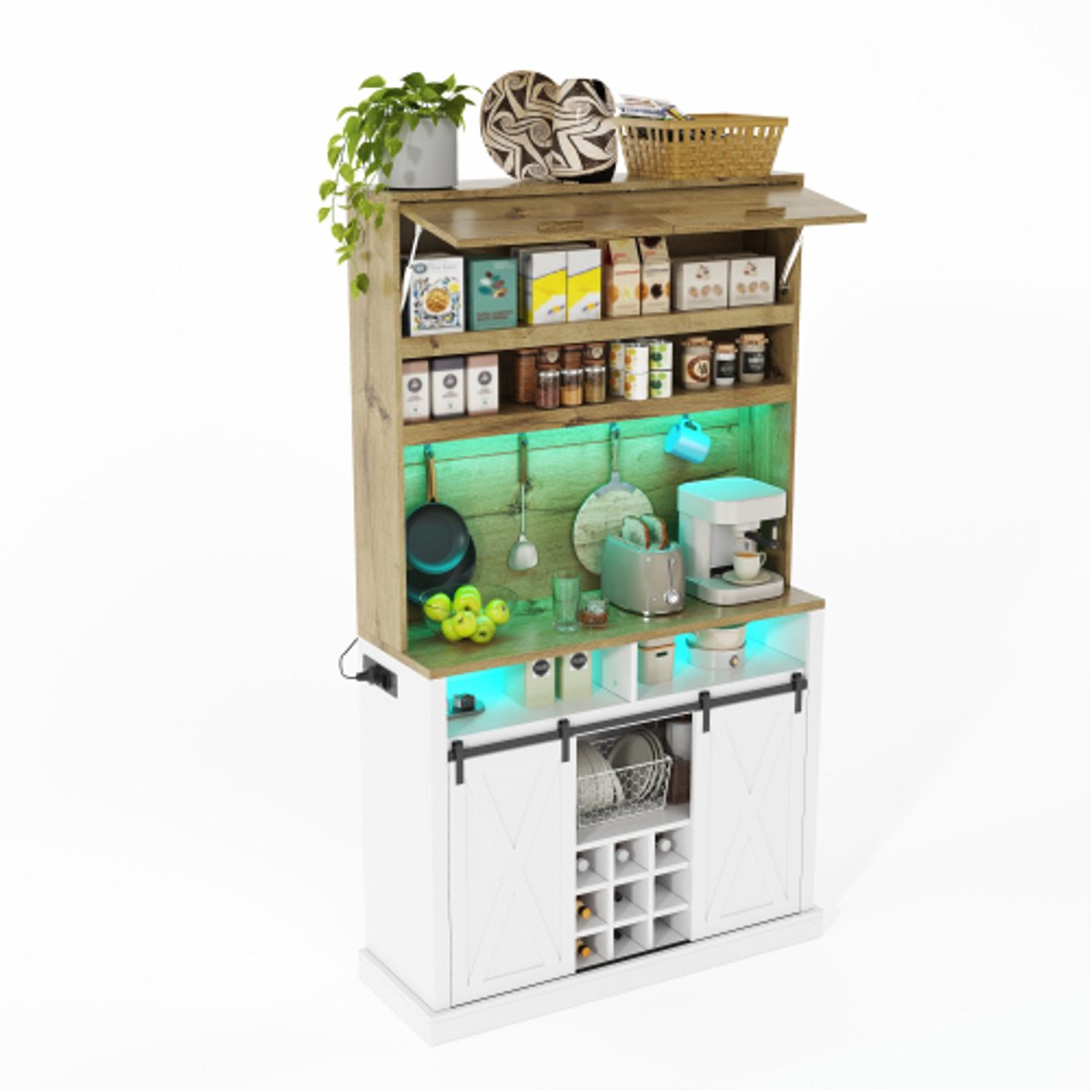 Hoge MDF keukenkast met LED, stopcontact, koffiebar, wijnrek, vitrine en haken – voor keuken en eetkamer