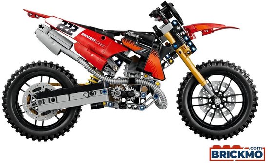 LEGO Technic Ducati motorfiets: rood, zwart en zilver met gedetailleerd motorblok en offroad banden.
