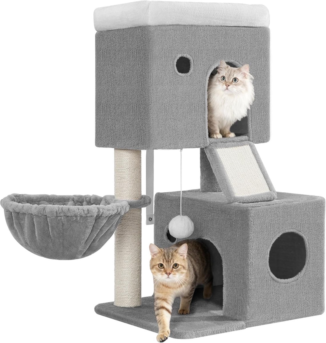 Hzuaneri Kattenboom, 82 cm Kattenklimrek voor Binnenshuis, Meerlaags Ontwerp, met Twee Comfortabele Kattenmandjes, een Zacht Platform, een Kattenmand, een Sisal Krabpaal, Lichtgrijs